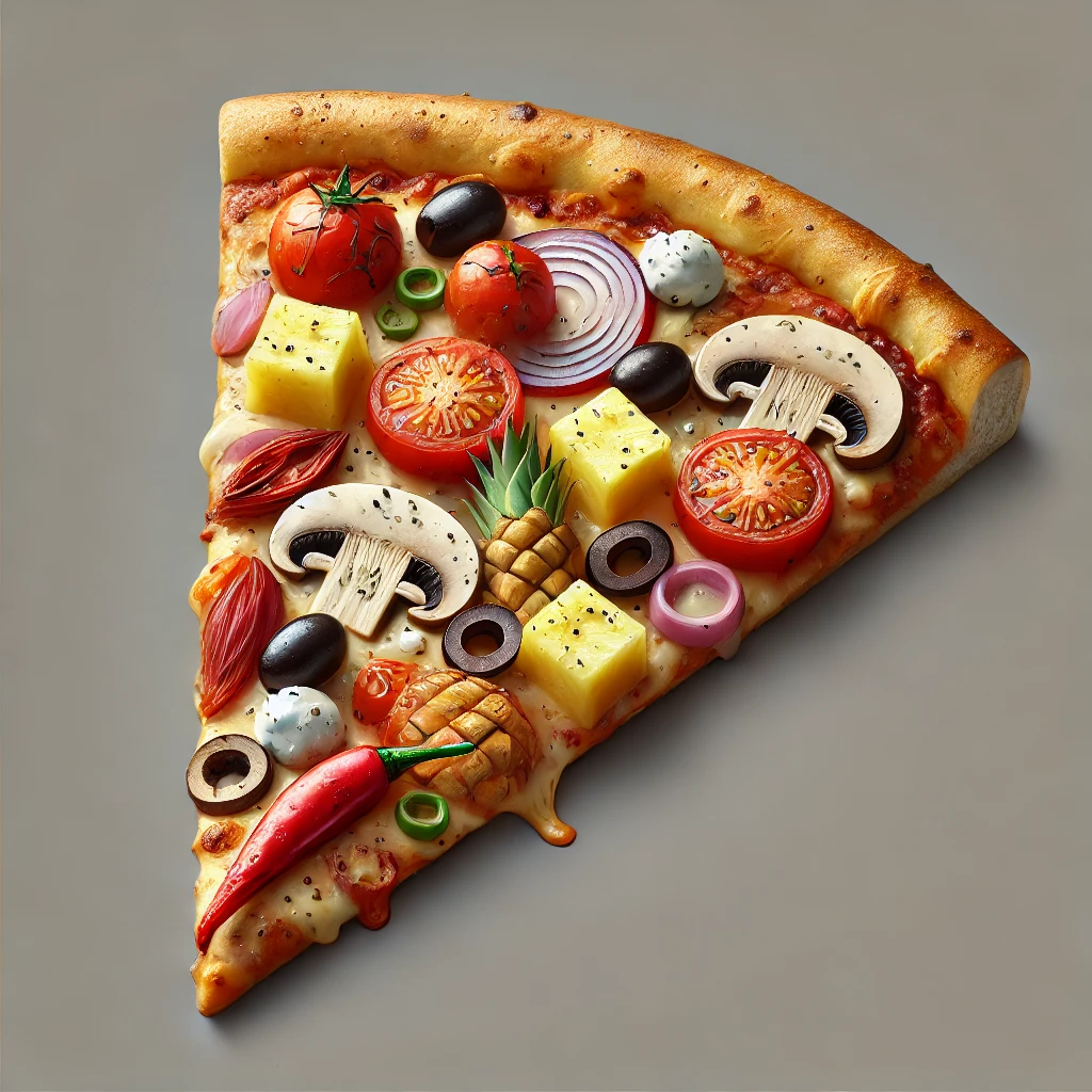 A colourful cartoon illustration of a pizza with various toppings.